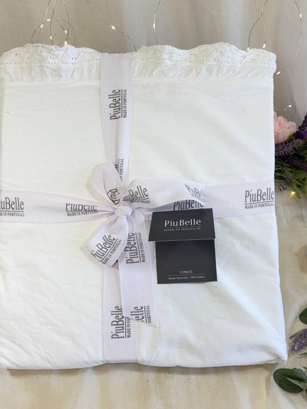 PiuBelle Queen Duvet Set 3pc White Cotton Ruffle & Lace Made In PORTUGAL Shabby